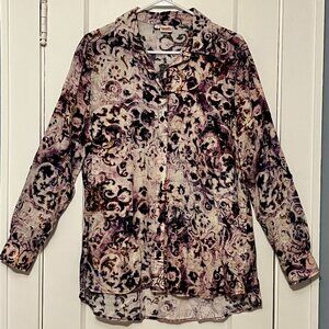 Tianello by Steve Barraza printed linen button up shirt size small purple whimsy